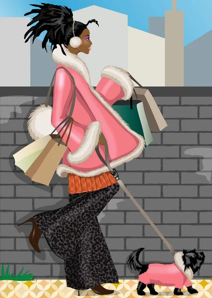 Köpeğiyle alışveriş yapan kız. — Stok fotoğraf