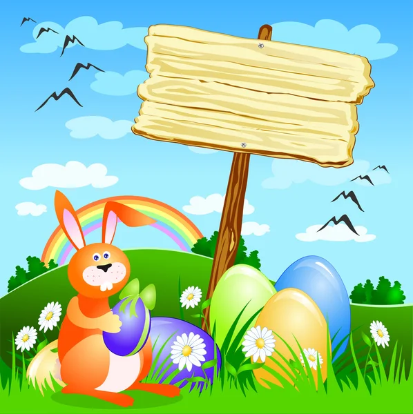 Signo de madera con conejo de Pascua — Vector de stock