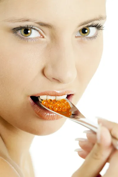 Woman with red caviar — Stock Photo, Image