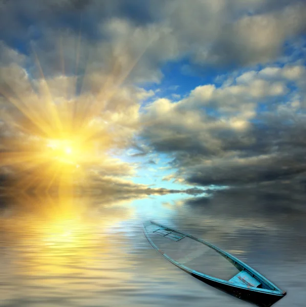 stock image Flooded boat on sunset background