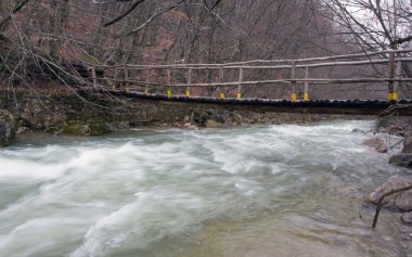 Dağ nehri üzerindeki tahta köprü.