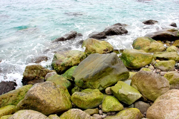Meeresküste mit grünen Steinen — Stockfoto