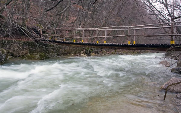 Pont en bois sur la rivière de montagne — Photo