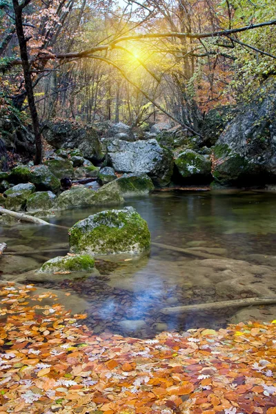 Paisaje de otoño con río de montaña — Foto de Stock