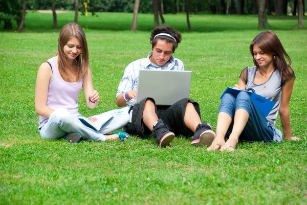 Three students studying outdoors — Stock Photo, Image