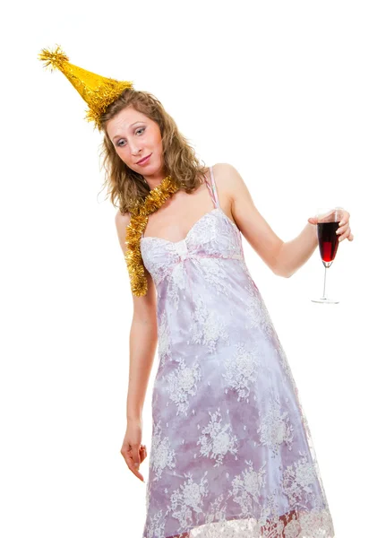 Berusad tjej med ett glas vin — Stockfoto