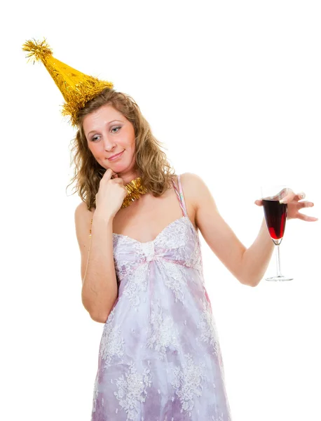 Chica borracha con una copa de vino — Foto de Stock
