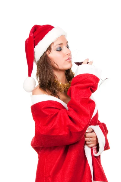 Νεαρό σέξι κορίτσι santa με ποτήρι κρασί — Φωτογραφία Αρχείου