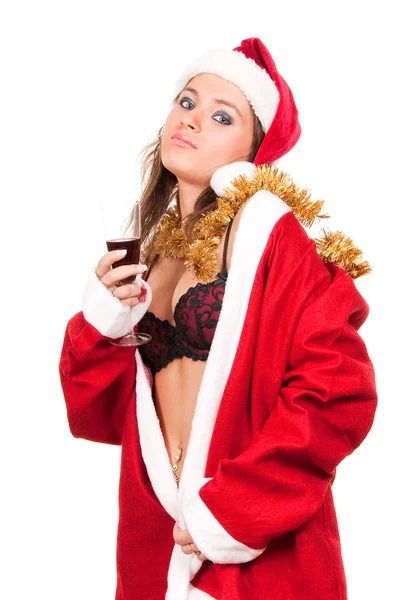 Young sexy Santa Girl with glass of wine — Stock Photo, Image