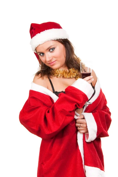 Young sexy Santa Girl with glass of wine — Stock Photo, Image