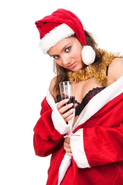 Mladá sexy santa dívka se sklenicí vína — Stock fotografie