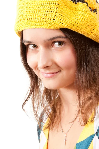Girl in a yellow beret — Stock Photo, Image