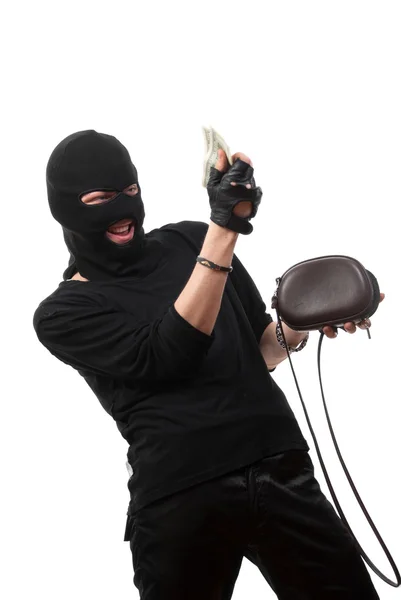 Happy robber takes money handbag. — Stock Photo, Image