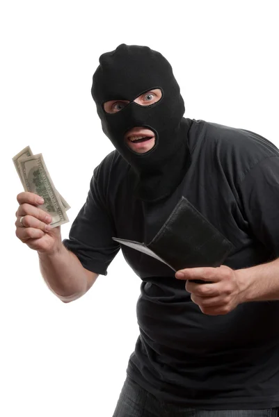 Förvånad rånare tar pengar plånbok. — Stockfoto