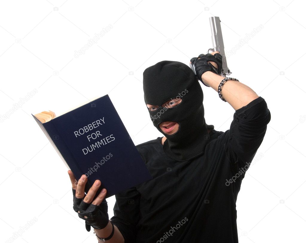 Perplexed robber reads book over white.