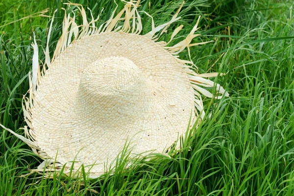 Соломенная шляпа на зеленой лужайке — стоковое фото