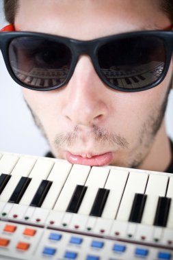 Cool guy frustrated on keyboard clipart