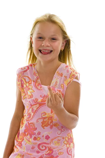 Menina mostrando dedo médio — Fotografia de Stock