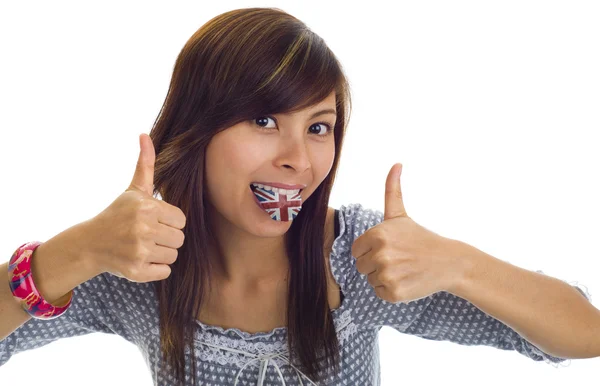Asian woman with british flag on tongue — Stock Photo, Image