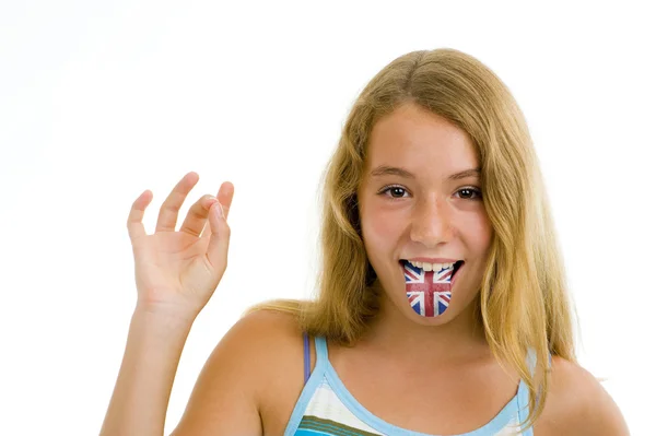 stock image Girl with british flag on tongue