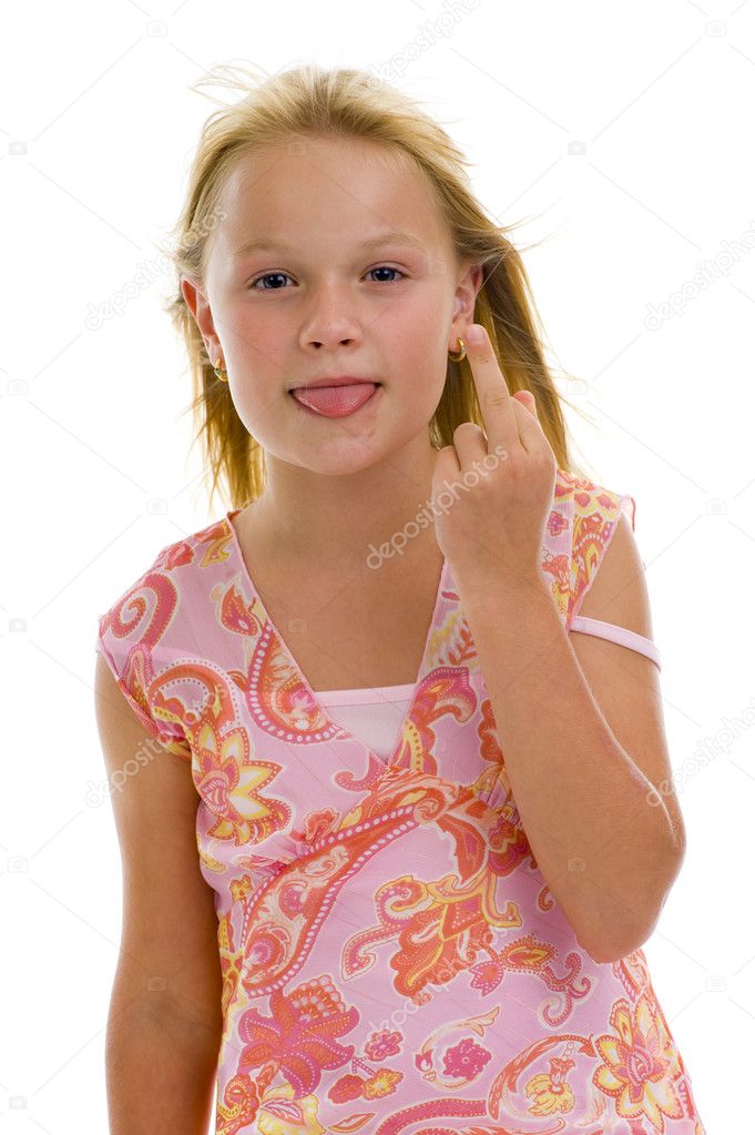 Schoolgirl showing middle finger