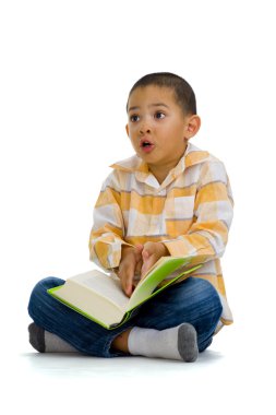 Cute boy arguing over a book clipart