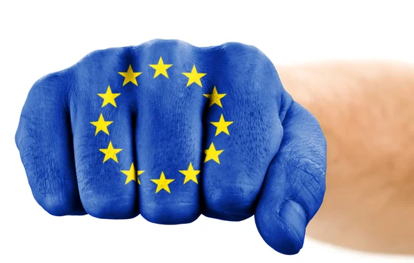Pěst s vlajkou Evropské unie izolované na bílém — Stock fotografie