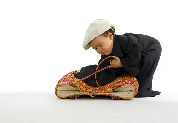 stock image Preschooler with huge shirt, bag and hat