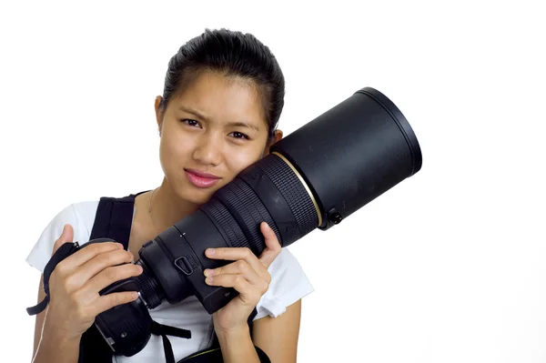 Asiática chica sosteniendo un dslr cam —  Fotos de Stock