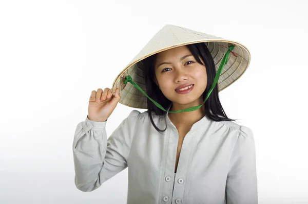 Asian woman in straw hat — Stock Photo, Image
