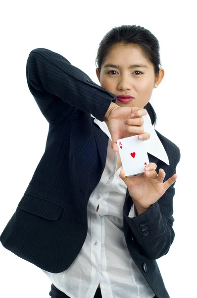 Mulher bonita com um conjunto de pokercards — Fotografia de Stock