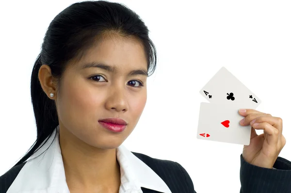 stock image Beautiful woman with 2 aces