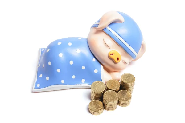 Piggybank och travar av mynt — Stockfoto