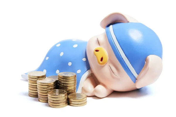 Piggybank and Stacks of Coins — Stock Photo, Image