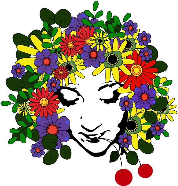 Красива дівчина з квітами в волоссі — стоковий вектор