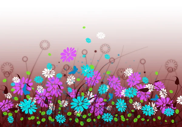Lente weide met bloemen en hemel — Stockfoto