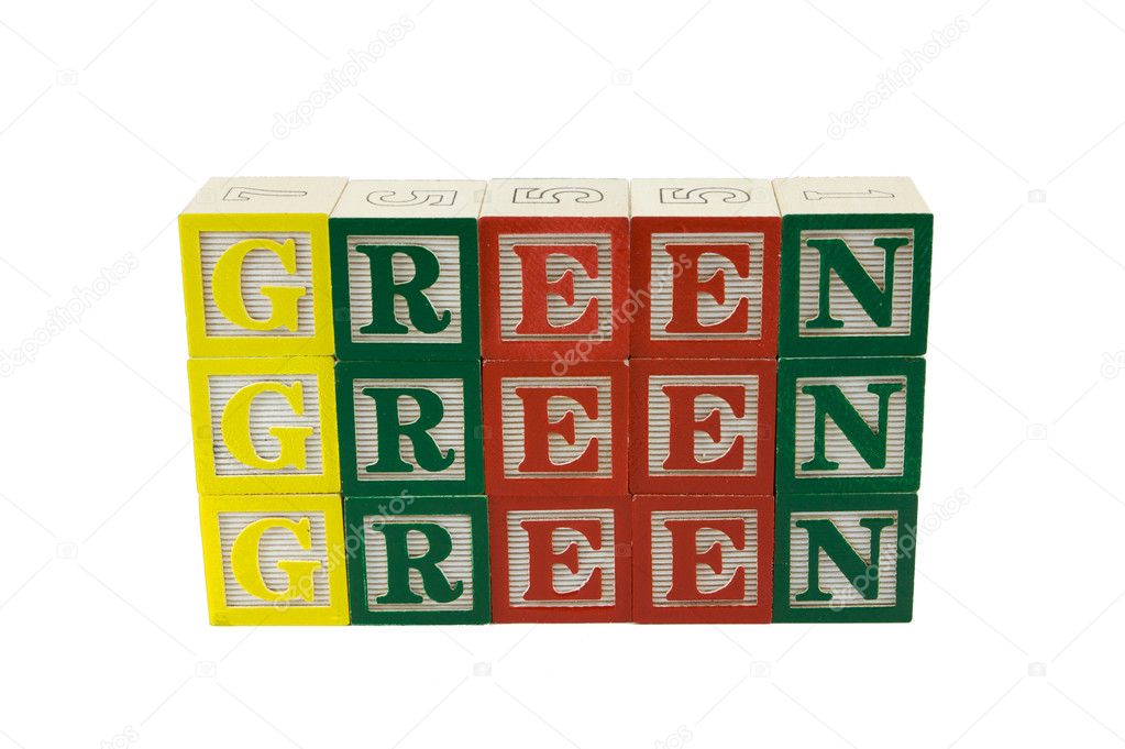 Alphabet blocks spelling Green