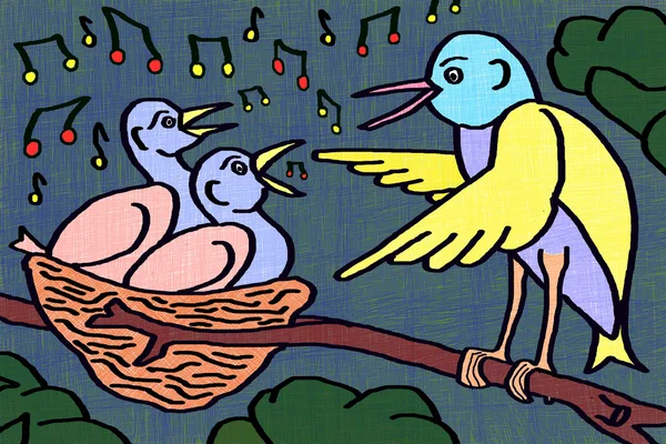 Мультфильмы о птицах, поющих на дереве — стоковое фото