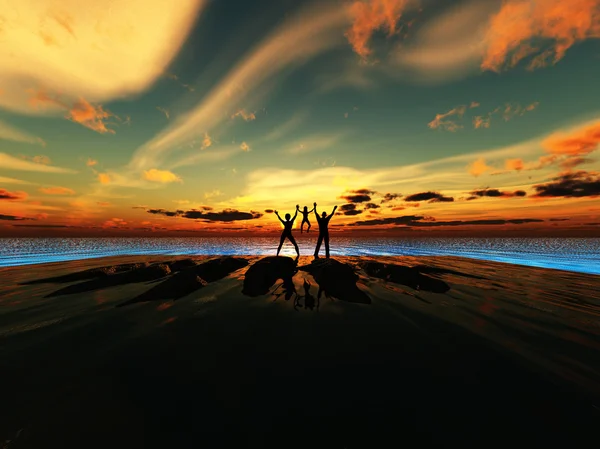 Silhouet familie door de zee — Stockfoto