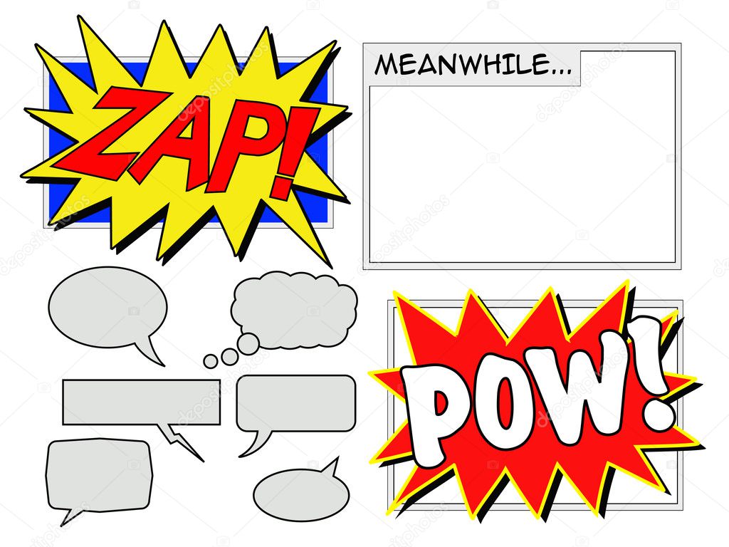 Illustration of various comic book elements including speech balloons