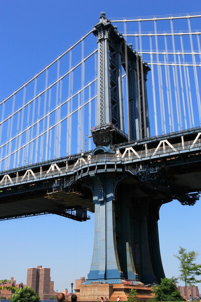 New York City bridge pillar with deep blue sky
