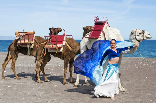 Танцовщица живота с верблюжьей упряжкой — стоковое фото