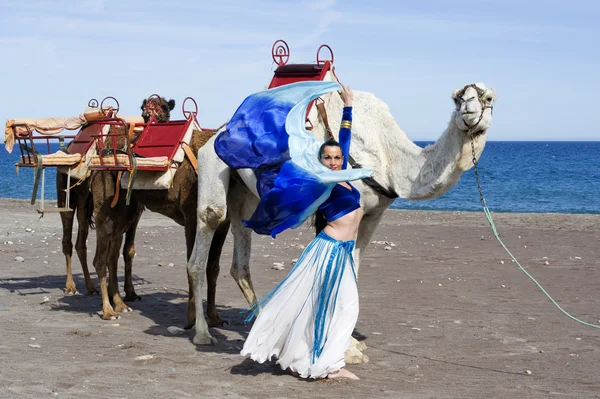 Dançarina do ventre com trem de camelo — Fotografia de Stock