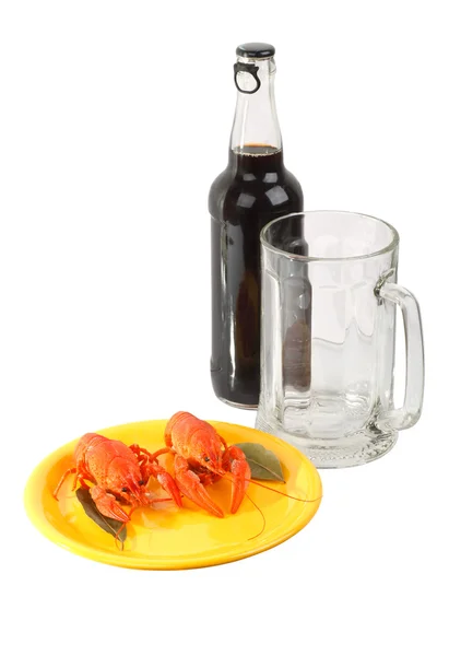 Garrafa de cerveja escura com lagostim — Fotografia de Stock