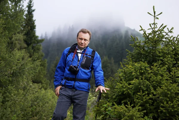 Homem mochileiro na floresta de pinheiros de montanha — Fotografia de Stock