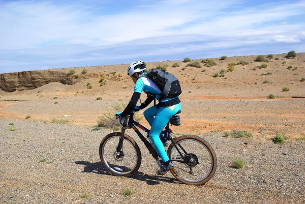 Bisiklet yarışçısı ıssız dağlarda — Stok fotoğraf