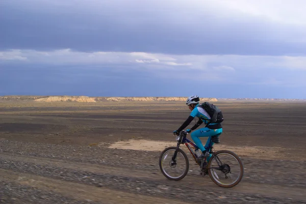 Mountain biker on old desert road — Zdjęcie stockowe