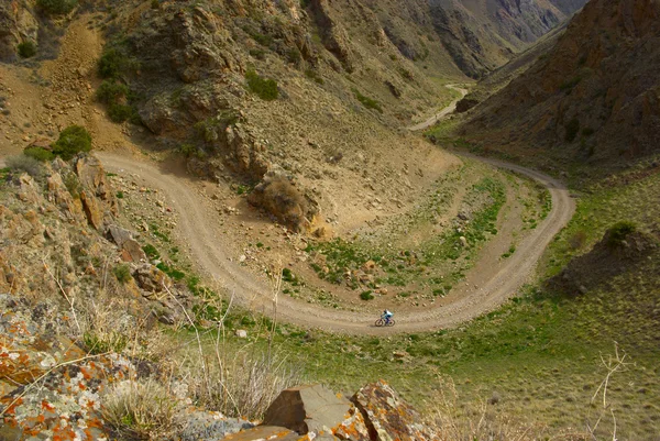 Малий гірський велосипедист на старій дорозі — стокове фото