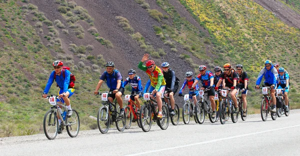 Ciclistas de montaña grupo de carreras en carretera en el desierto — Foto de Stock