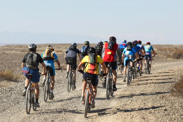 山骑自行车的赛车在沙漠道路上 — 图库照片